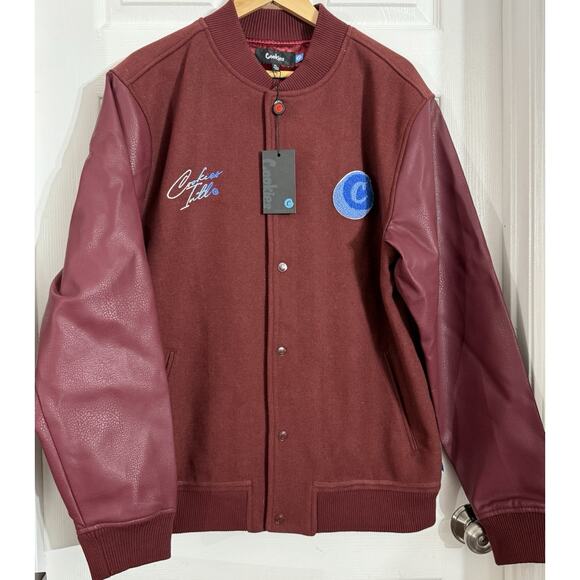 NEW Cookies Melton Wool Vegan Leather Flip Script Letterman Jacket Burgundy XL - Picture 1 of 3